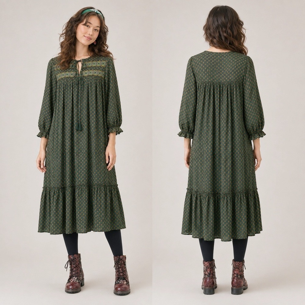 April Cornell Candlelight Smock Dress Large L Olive Green Block Print Boho Midi